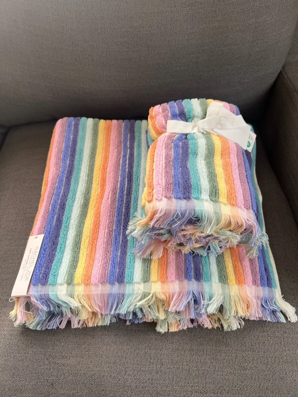 8pc Rachel Zoe Pastel Rainbow Bath towel Set Stripe Cotton Hand Towels Rare